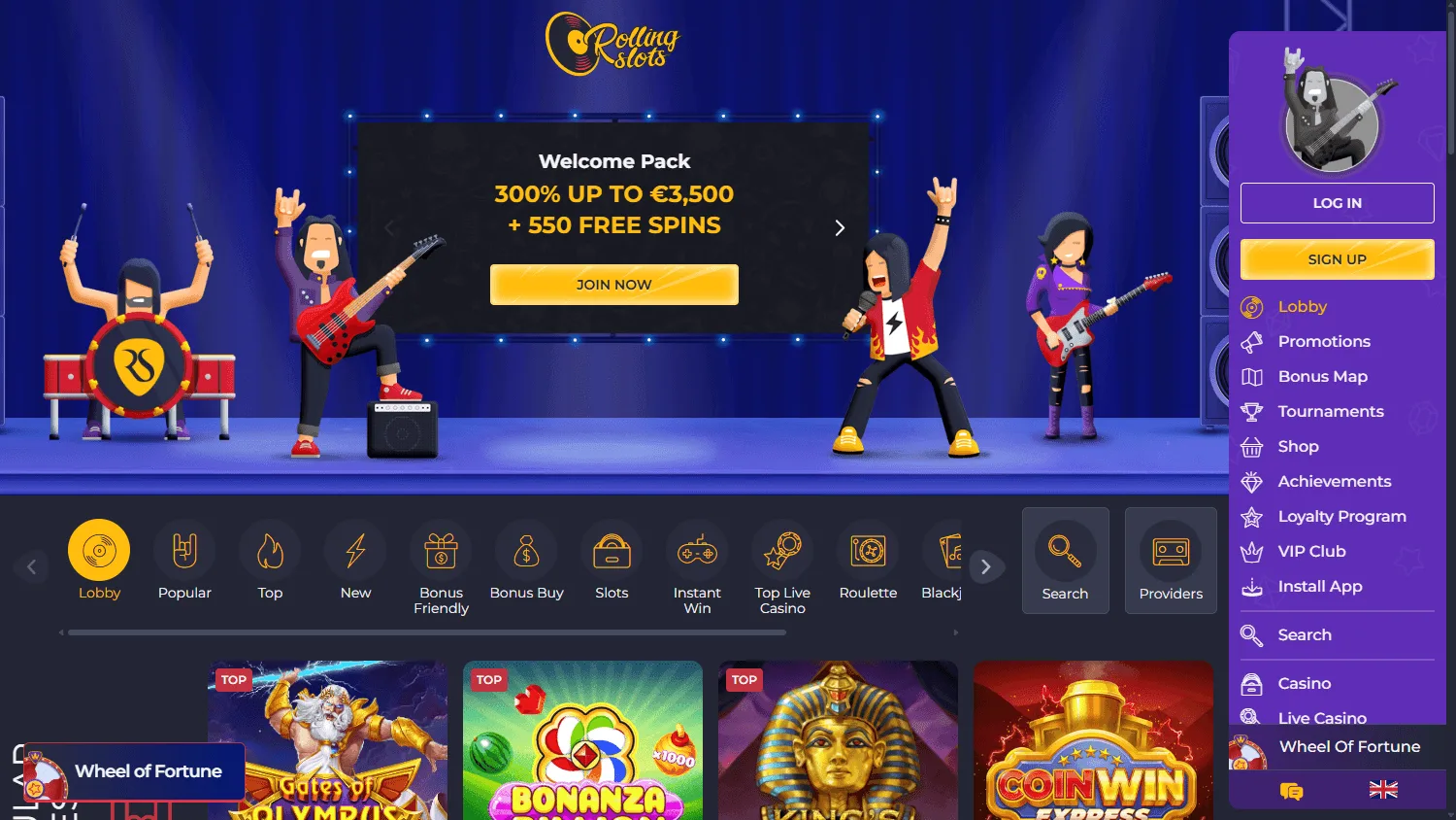Rolling 22 Casino desktop games interface with pokie and live game categories