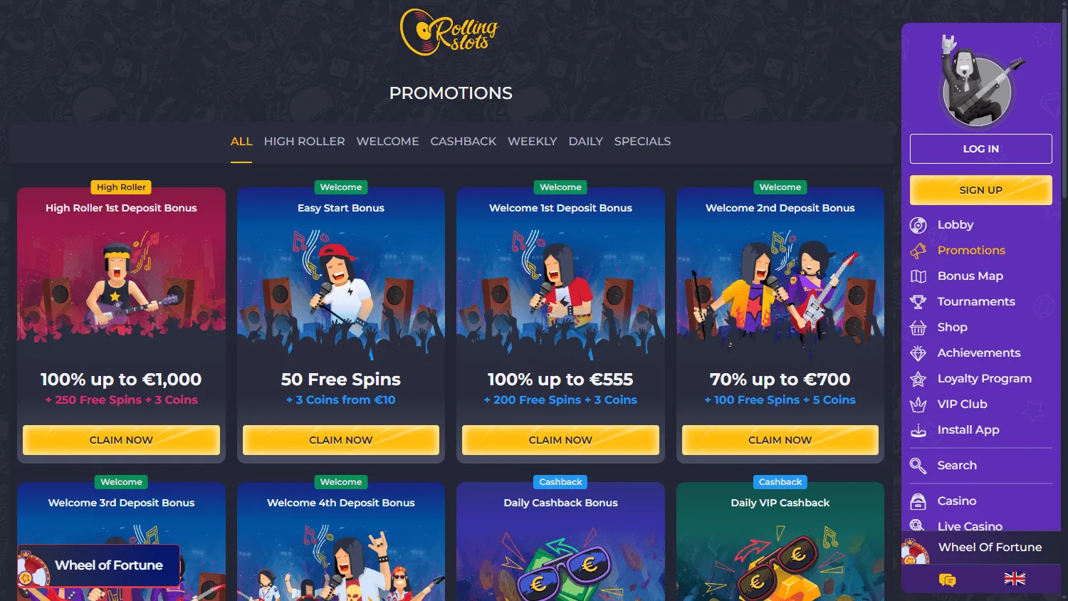 Rolling 22 Casino desktop promotions area with bonus offers