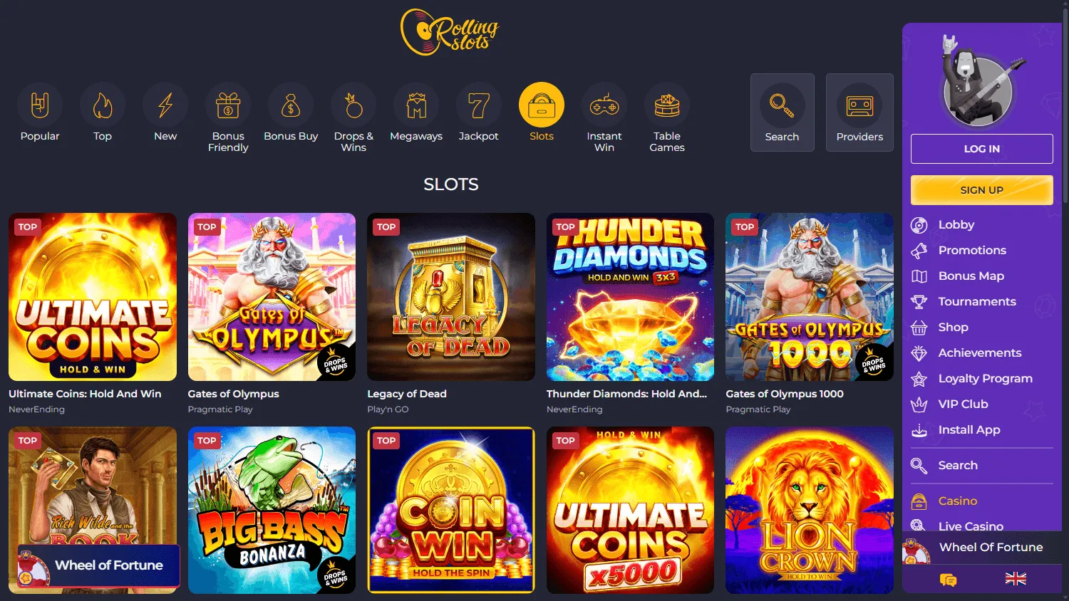 Rolling 22 Casino desktop selection of live casino and table games