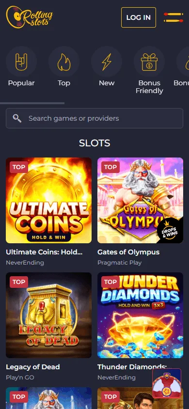 Rolling 22 Casino mobile casino interface with games and account features