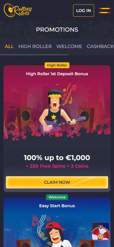 Rolling 22 Casino mobile promotions area with cashback and bonus offers
